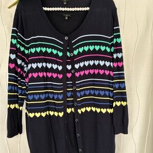 Talbots Black Cardigan Set with Multicolor Heart Stripes